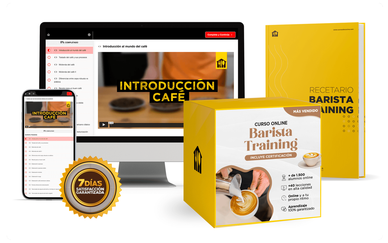 Curso Barista Training en computador, celular, con recetario impreso y sello de garantía de 7 días