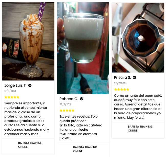 Opiniones de alumnos Jorge Luis T., Rebeca O. y Priscila S. sobre el curso Barista Training Online, cada una con 5 estrellas